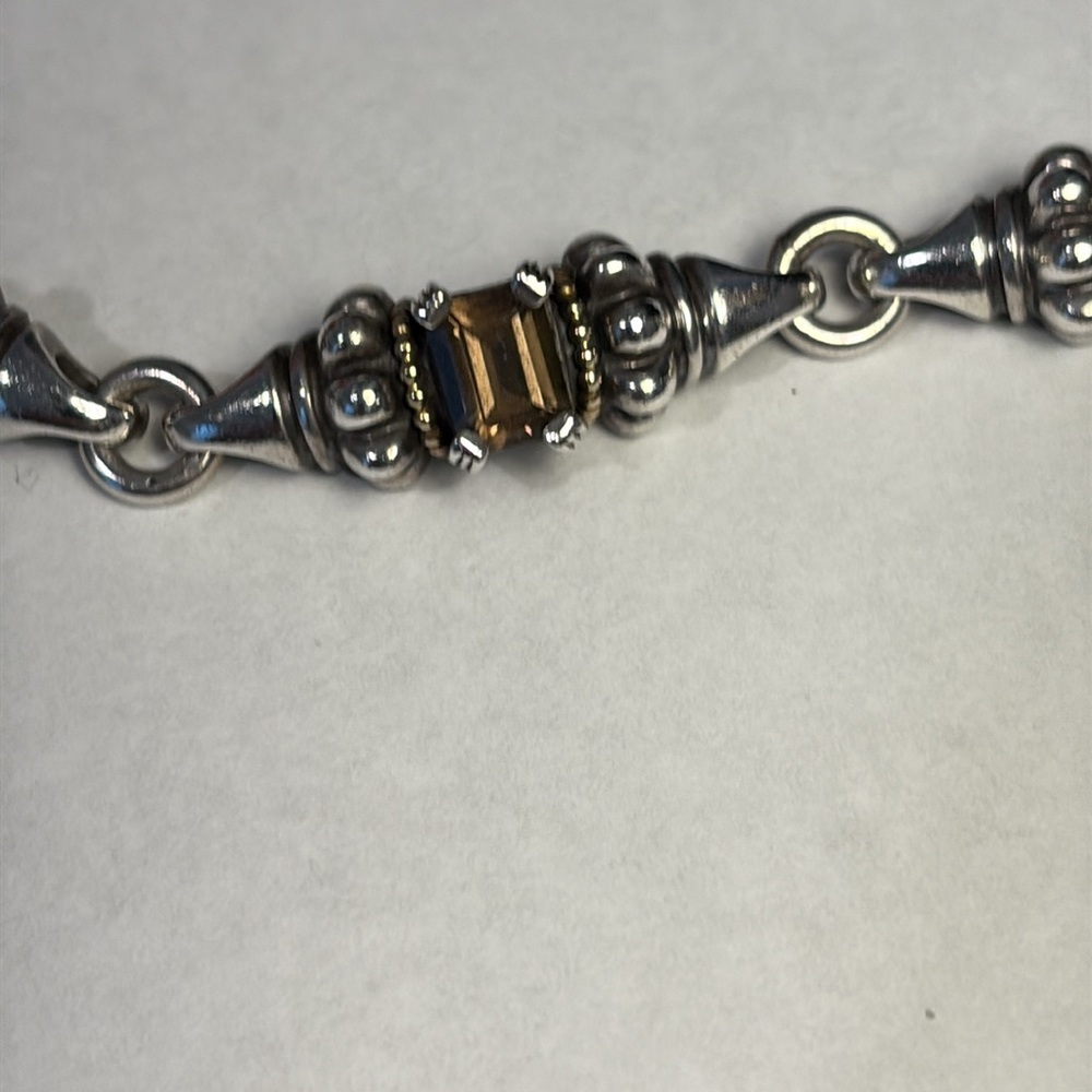 Lagos Caviar Silver and Gold Link Bracelet with 5 Emerald Cut Brown Topaz Stones - Picture 2 of 3